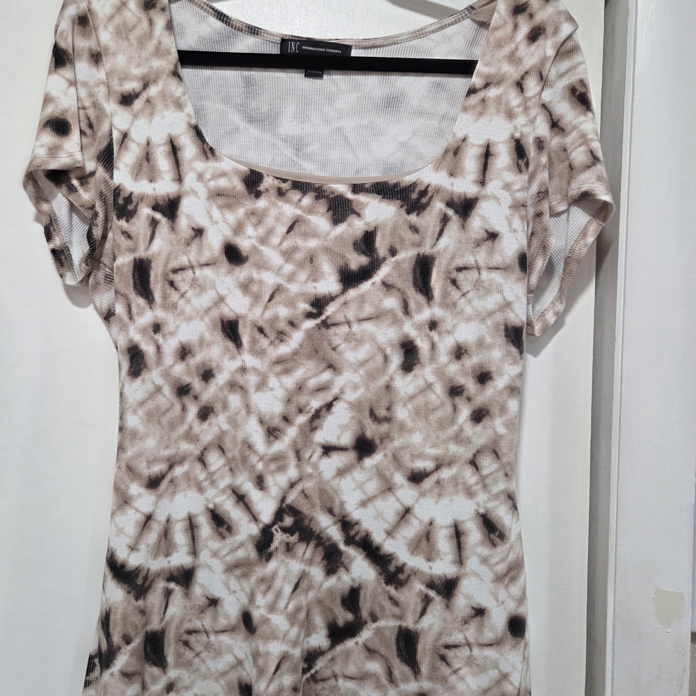 INC International Concepts Tie-Dye Short Sleeve Top - Brown and Cream